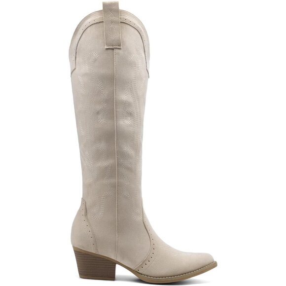 Women's Beige Comfortable Chunky Heel Embroidered Western Retro Knee High Boot - Picture 5 of 9